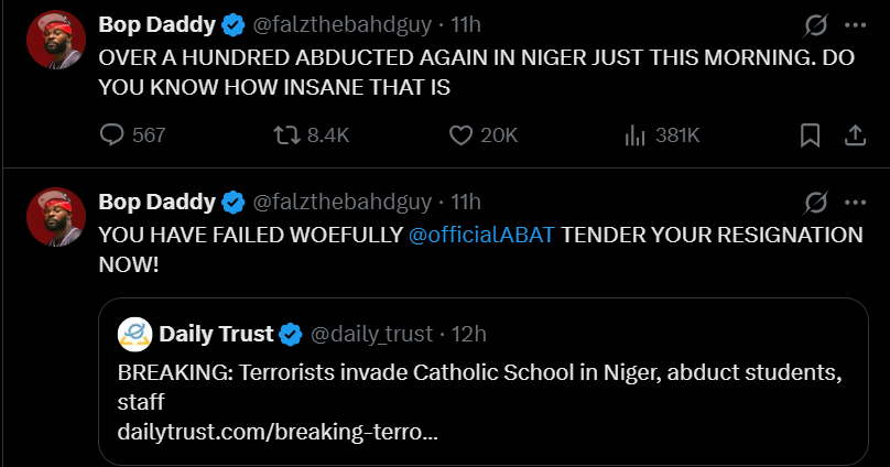 Insecurity: You have failed woefully, tender your resignation - Rapper Falz slams President Tinubu